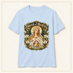 Queen of Heaven T-Shirt — Our Lady of Champion — compact lay-flat, original print scale and placement — Light Blue