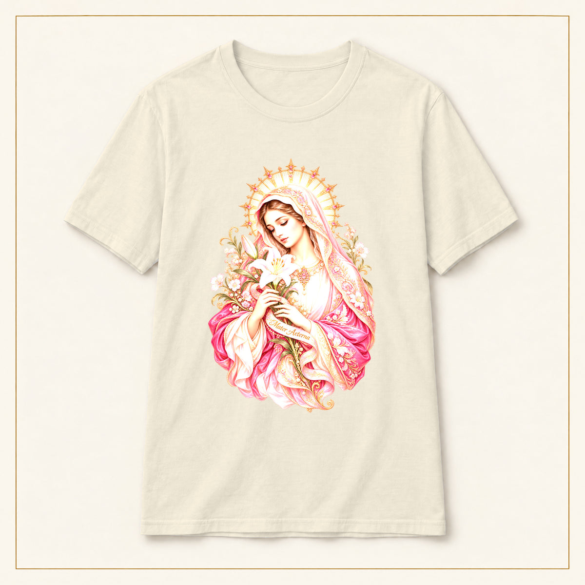 Virgin Mary T-Shirt — Floral Halo — compact lay-flat, original print scale and placement — Natural