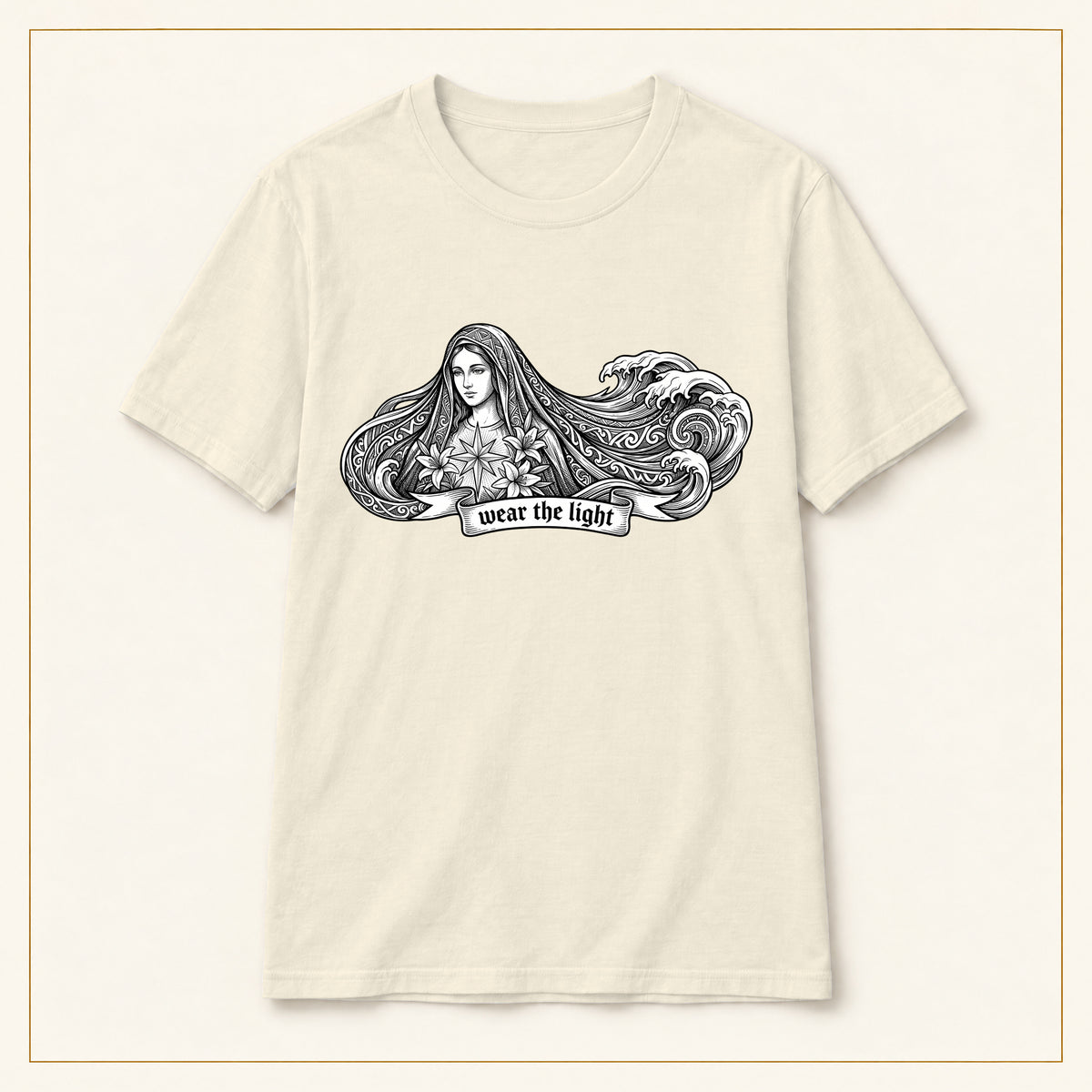 Wave Woman T-Shirt — Japanese-Inspired Ink Illustration — compact lay-flat, original print scale and placement — Natural
