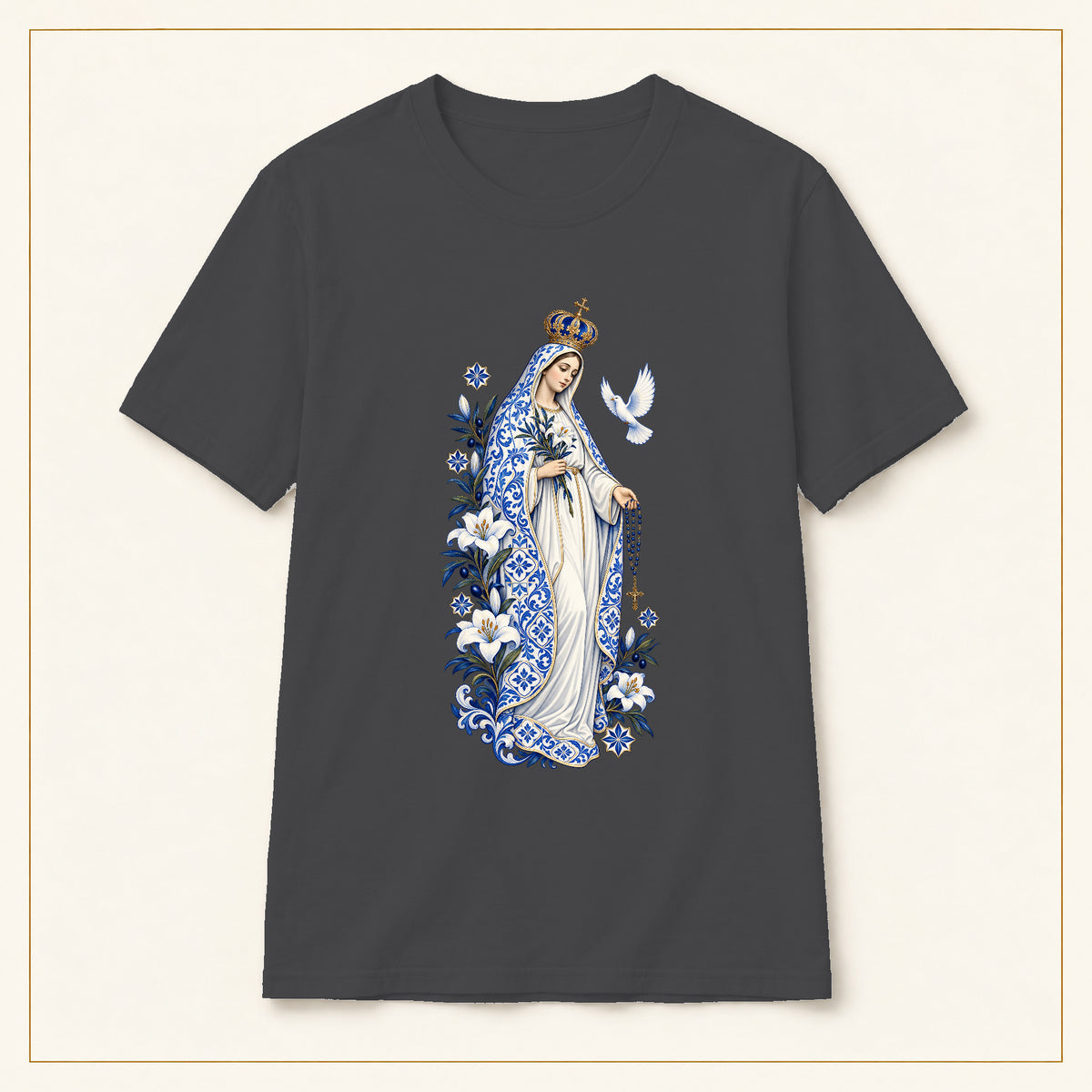 Our Lady of Fátima T-Shirt — Lily & Dove Azulejo — compact lay-flat, original print scale and placement — Dark Heather