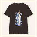 Our Lady of Fátima T-Shirt — Lily & Dove Azulejo — compact lay-flat, original print scale and placement — Dark Chocolate