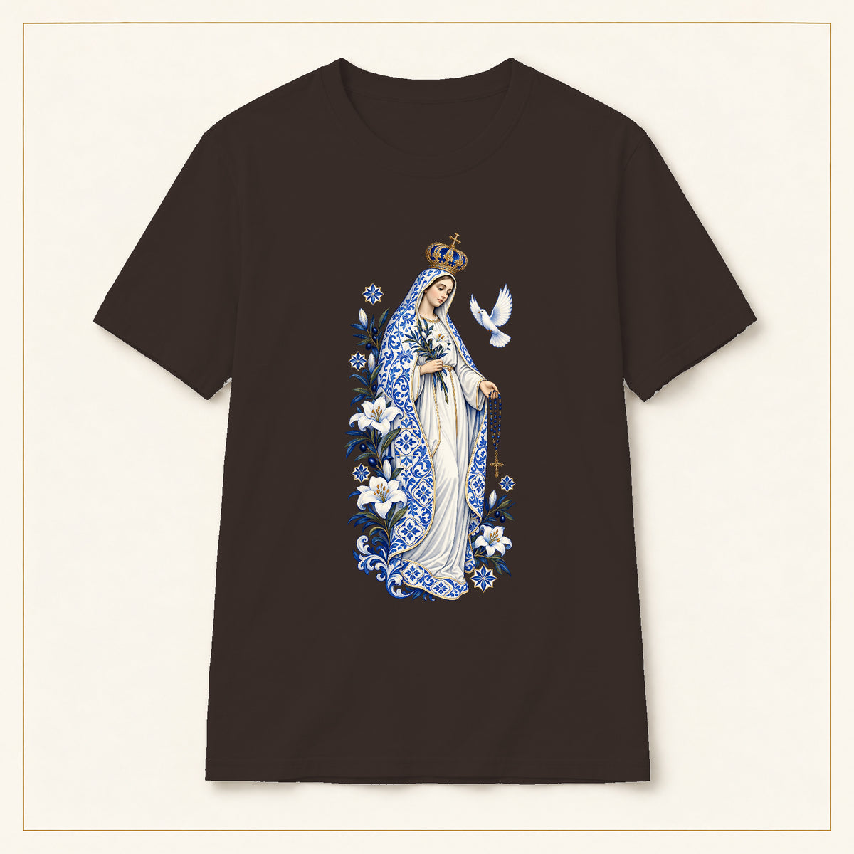 Our Lady of Fátima T-Shirt — Lily & Dove Azulejo — compact lay-flat, original print scale and placement — Dark Chocolate
