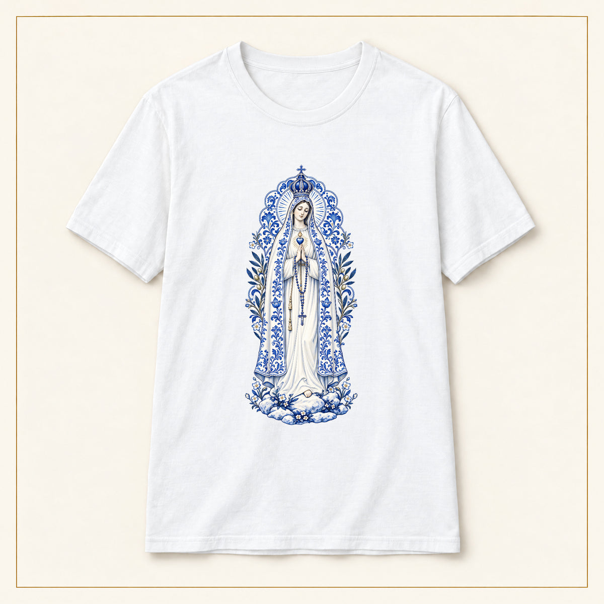 Our Lady of Fátima T-Shirt — Cova da Iria Azulejo — compact lay-flat, original print scale and placement — White