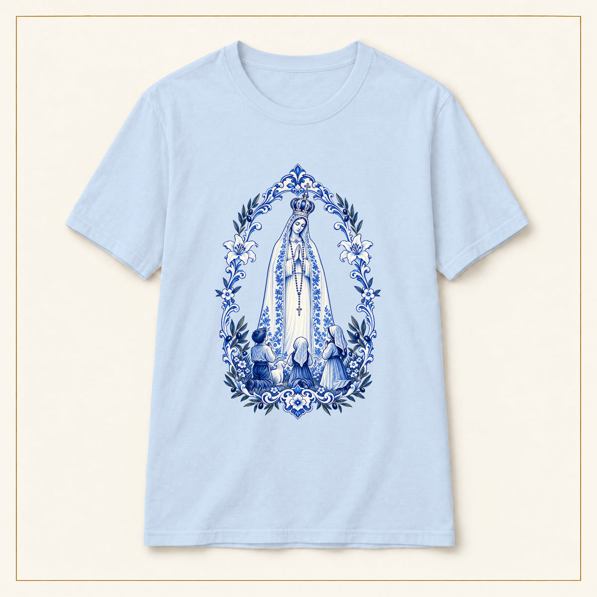 Our Lady of Fátima T-Shirt — Shepherd Children Azulejo — compact lay-flat, original print scale and placement — Light Blue