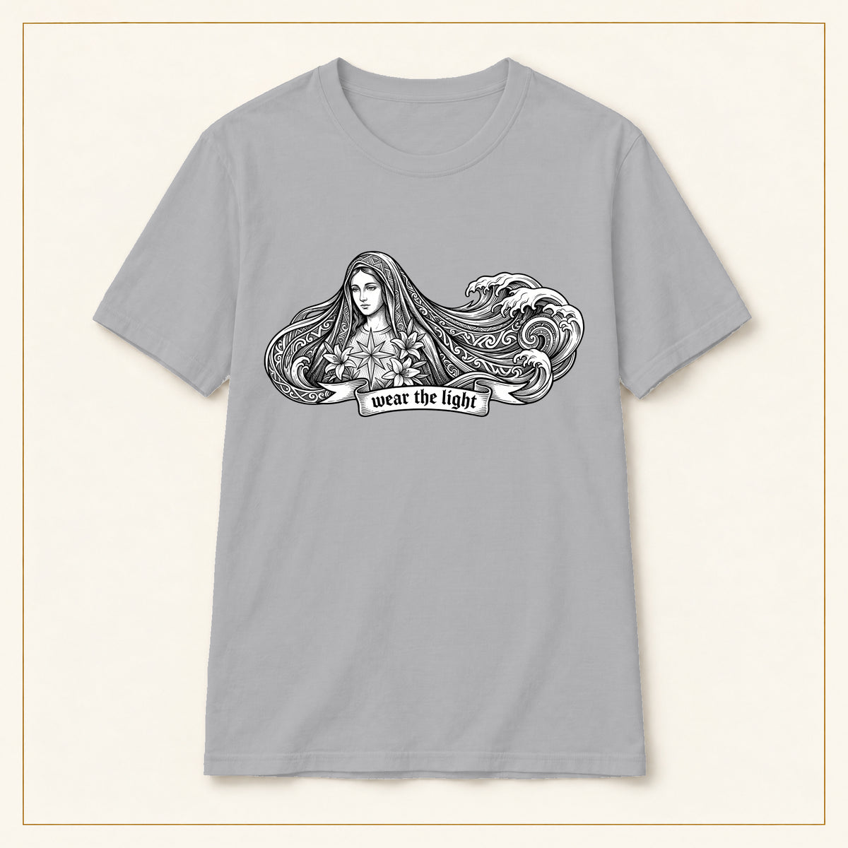 Wave Woman T-Shirt — Japanese-Inspired Ink Illustration — compact lay-flat, original print scale and placement — Sport Grey