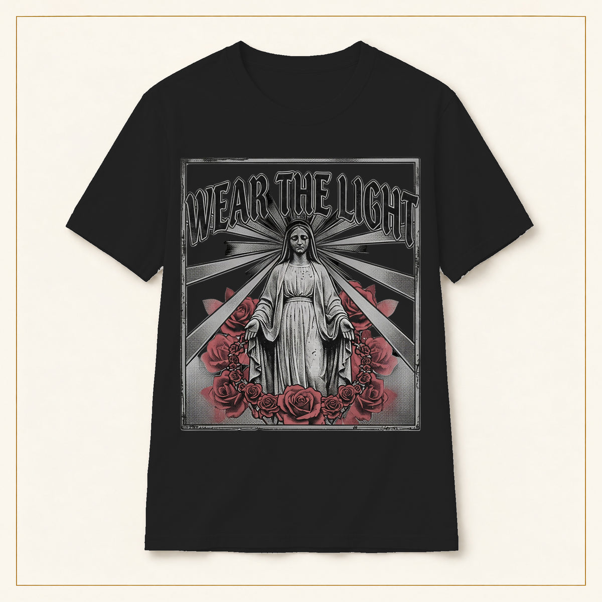 Vintage Rose T-Shirt — Wear the Light — compact lay-flat, original print scale and placement — Black