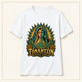 Tonantzin Tee — Indigenous Roots Floral Madonna Graphic T-Shirt — compact lay-flat, original print scale and placement — White