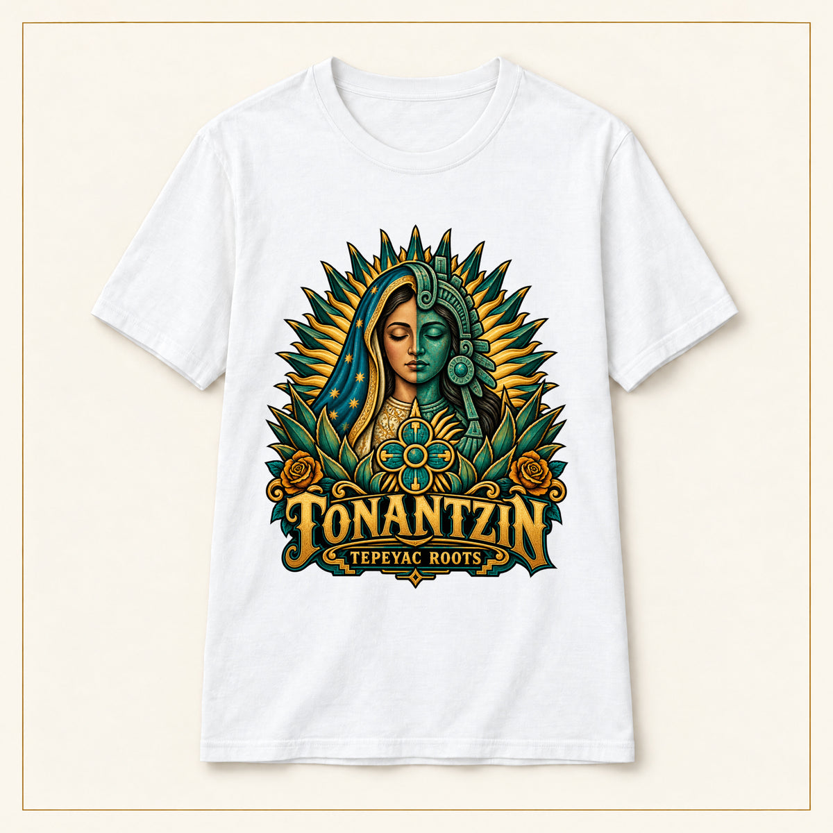 Tonantzin Tee — Indigenous Roots Floral Madonna Graphic T-Shirt — compact lay-flat, original print scale and placement — White