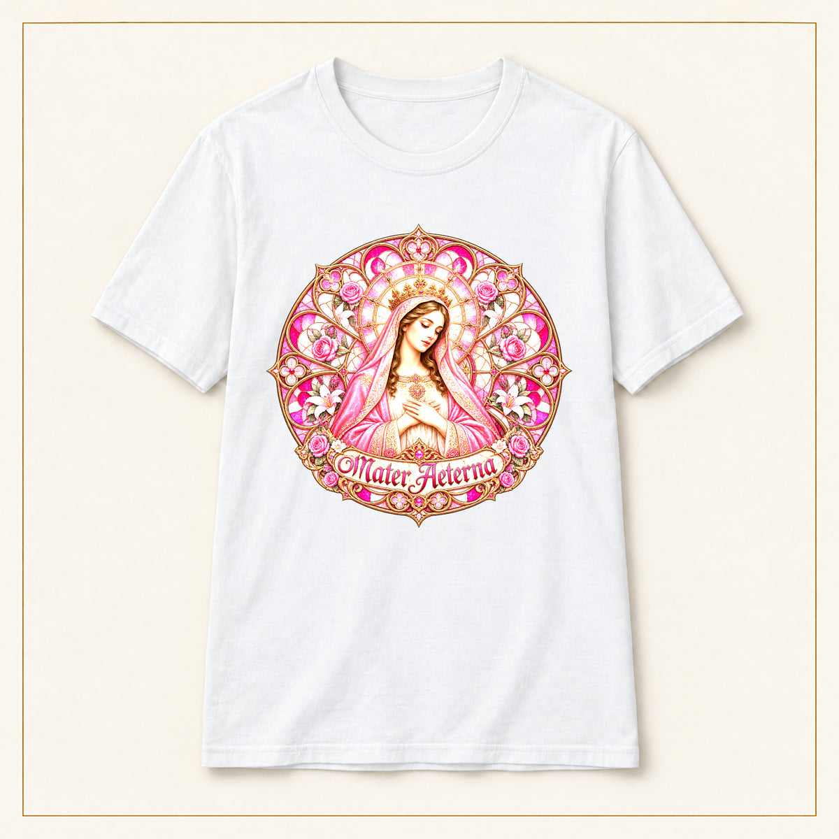Mater Adorata T-Shirt — Rose & Gold — compact lay-flat, original print scale and placement — White