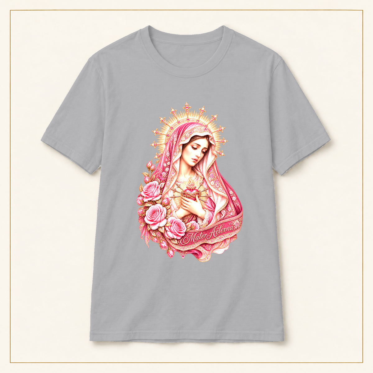 Our Lady of Guadalupe T-Shirt — Floral Gold Halo — compact lay-flat, original print scale and placement — Sport Grey