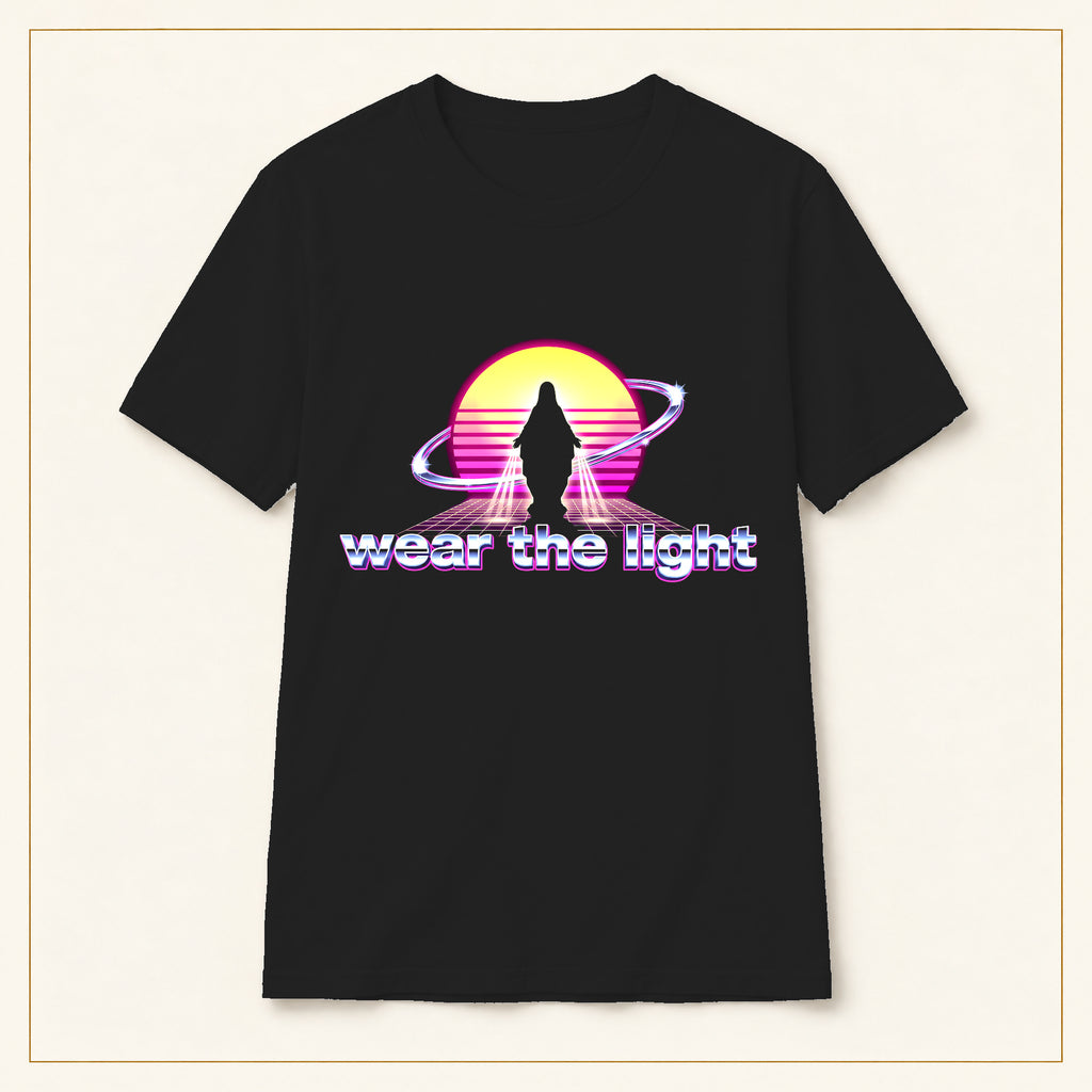 Retro Sunset Sci-Fi T-Shirt — Wear the Light — compact lay-flat, original print scale and placement — Black