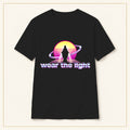 Retro Sunset Sci-Fi T-Shirt — Wear the Light — compact lay-flat, original print scale and placement — Black
