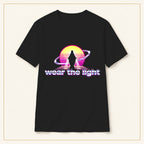 Retro Sunset Sci-Fi T-Shirt — Wear the Light — compact lay-flat, original print scale and placement — Black