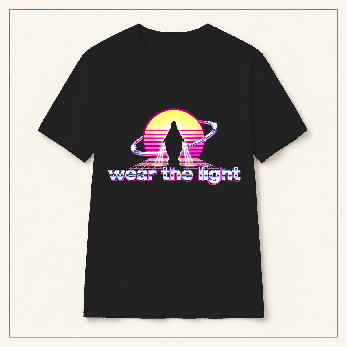 Retro Sunset Sci-Fi T-Shirt — Wear the Light — compact lay-flat, original print scale and placement — Black
