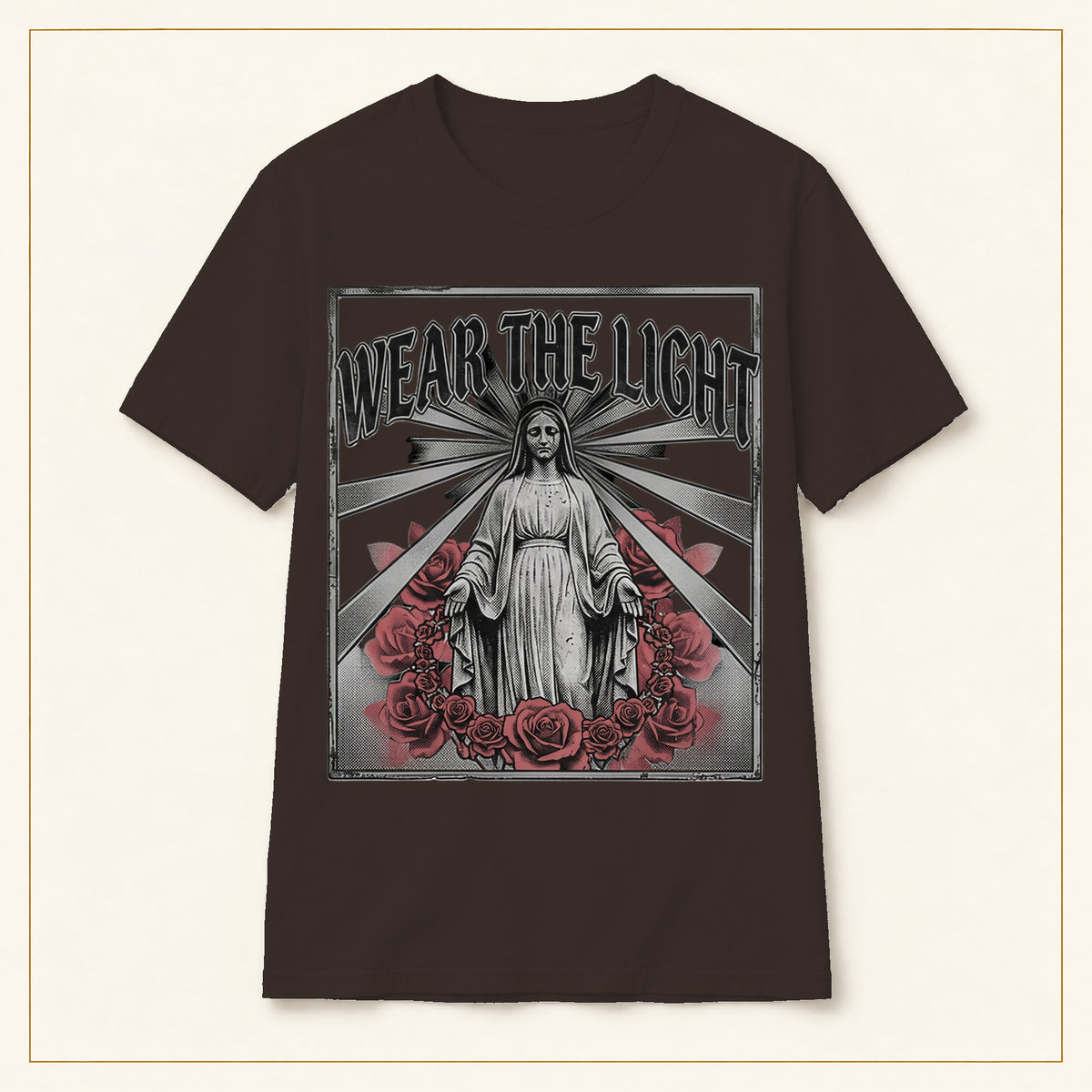 Vintage Rose T-Shirt — Wear the Light — compact lay-flat, original print scale and placement — Dark Chocolate