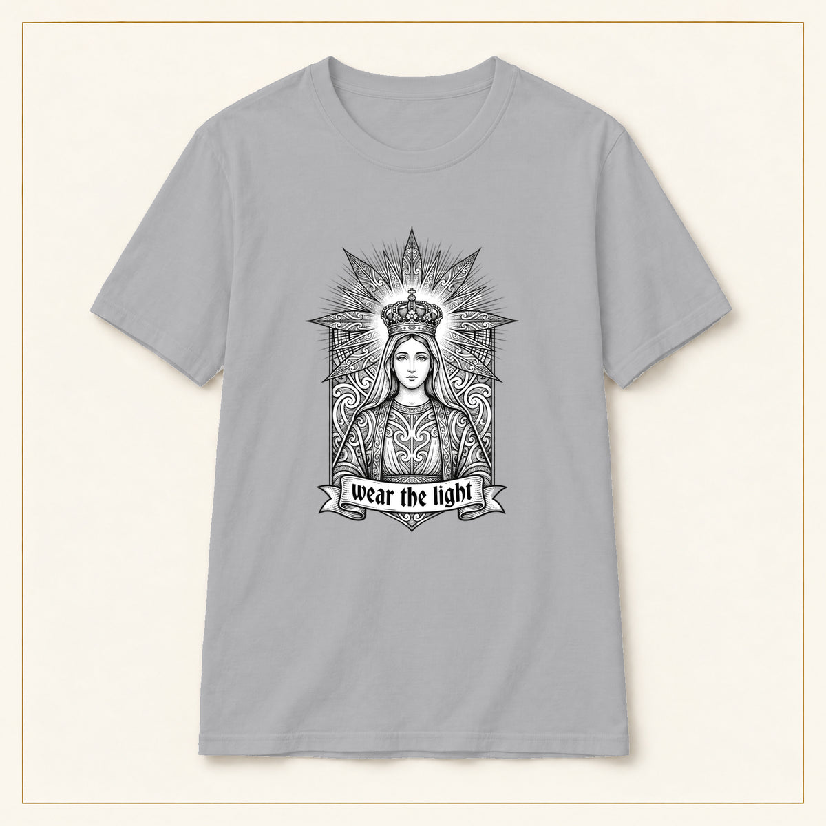 Sacred Woman T-Shirt — Monochrome Sunburst — compact lay-flat, original print scale and placement — Sport Grey