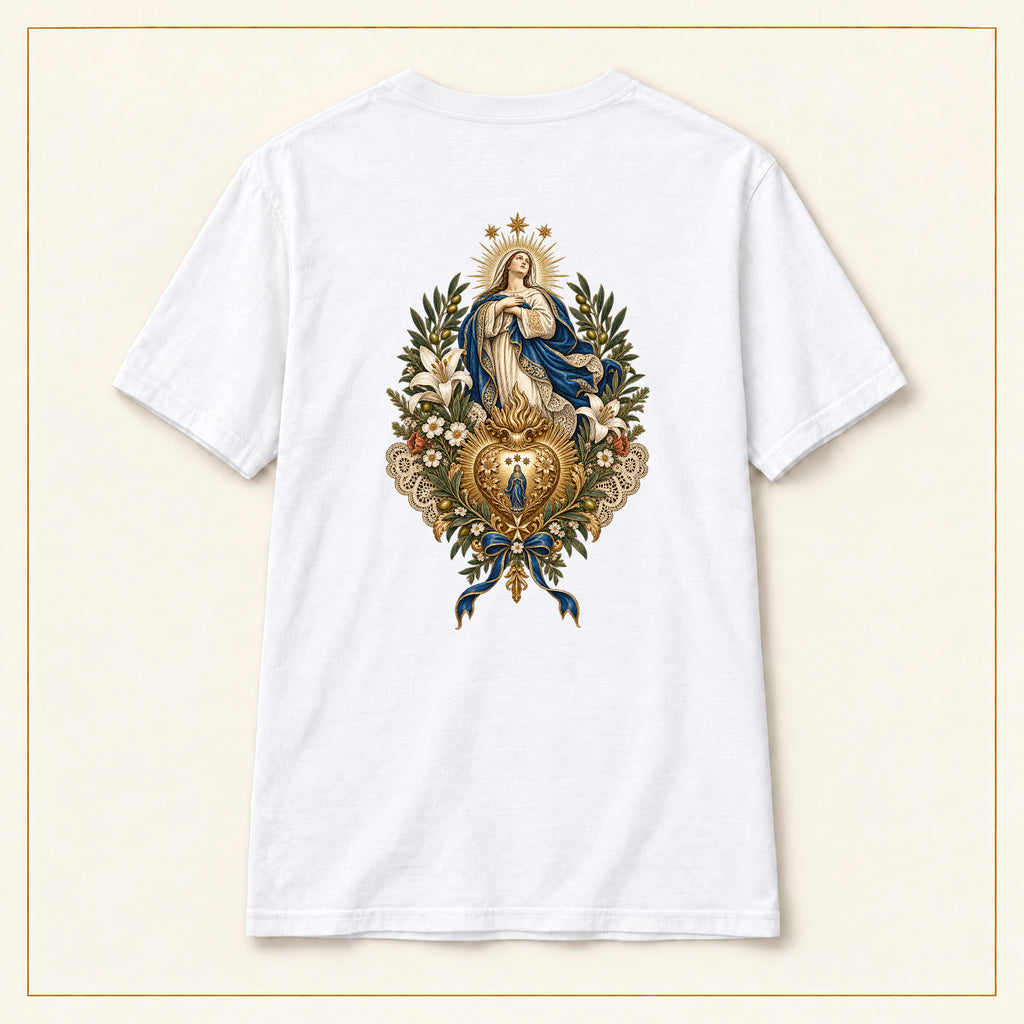 Our Lady of Ta' Pinu — Ex Voto Heart White T-Shirt — compact lay-flat, original print scale and placement — White — back view