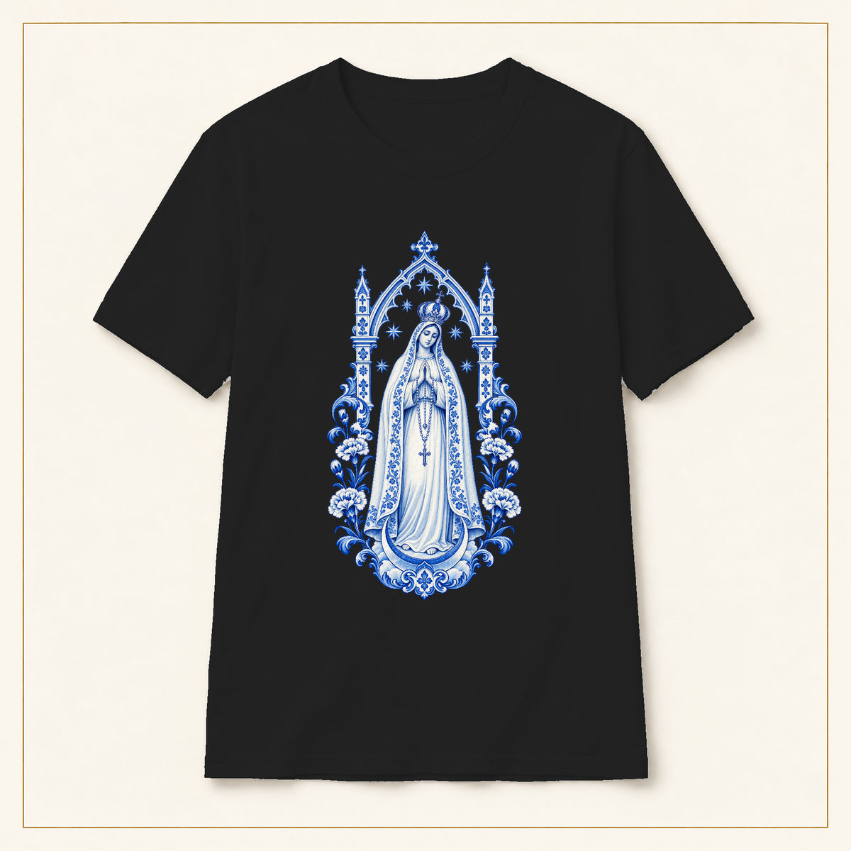 Our Lady of Fátima T-Shirt — Queen of Heaven Azulejo — compact lay-flat, original print scale and placement — Black
