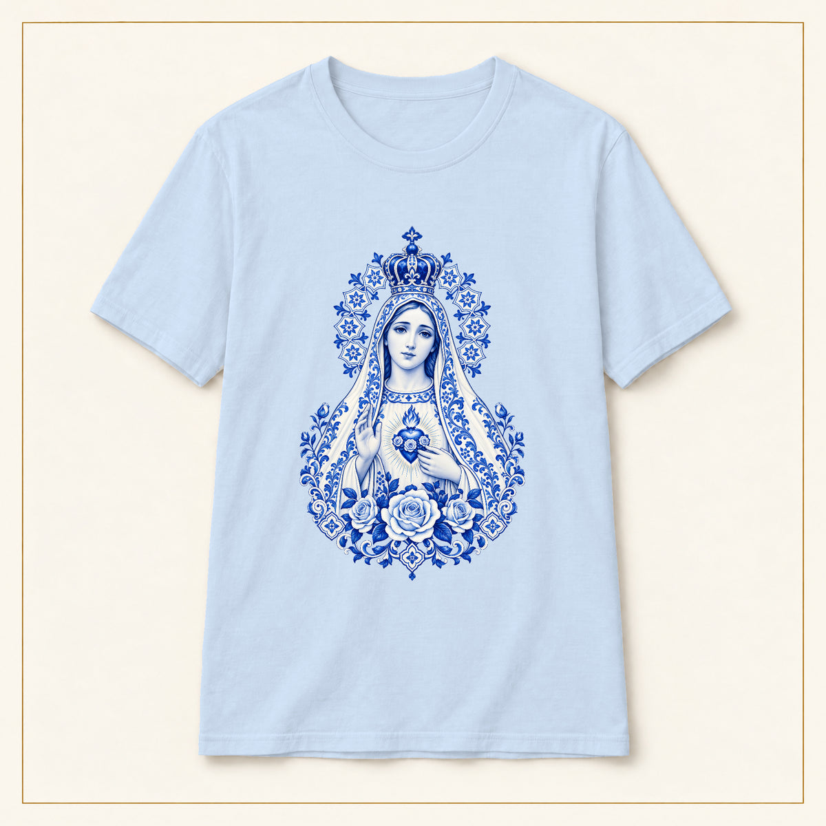 Our Lady of Fátima T-Shirt — Immaculate Heart Azulejo — compact lay-flat, original print scale and placement — Light Blue