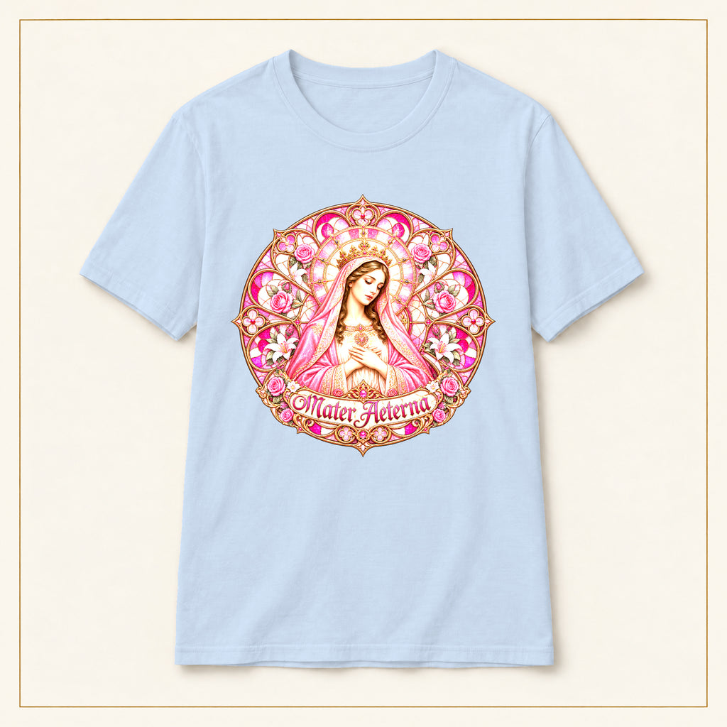 Mater Adorata T-Shirt — Rose & Gold — compact lay-flat, original print scale and placement — Light Blue