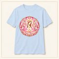 Mater Adorata T-Shirt — Rose & Gold — compact lay-flat, original print scale and placement — Light Blue