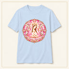 Mater Adorata T-Shirt — Rose & Gold — compact lay-flat, original print scale and placement — Light Blue
