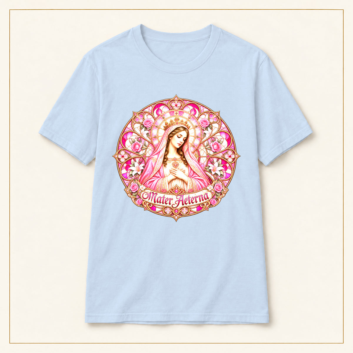 Mater Adorata T-Shirt — Rose & Gold — compact lay-flat, original print scale and placement — Light Blue