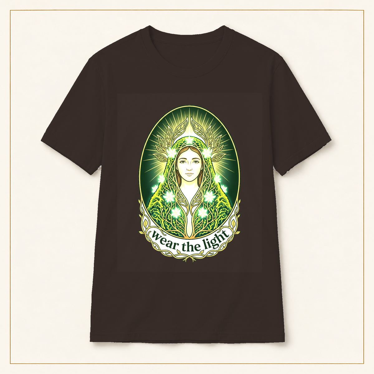 Green Goddess T-Shirt — Wear the Light — compact lay-flat, original print scale and placement — Dark Chocolate