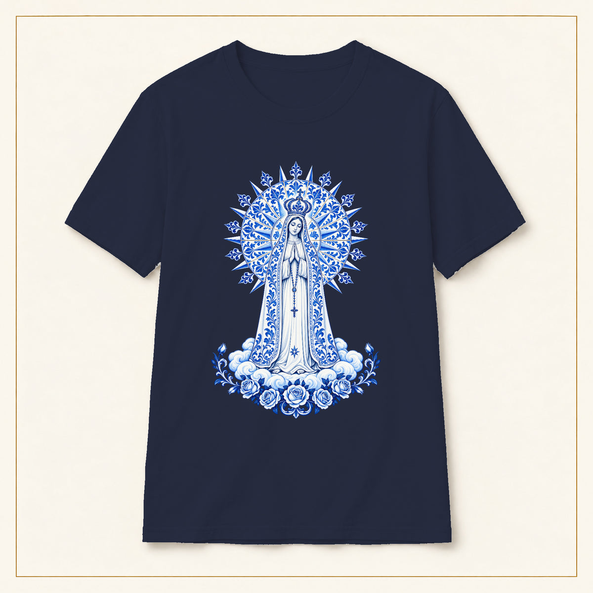 Our Lady of Fátima T-Shirt — Miracle of the Sun Azulejo — compact lay-flat, original print scale and placement — Navy