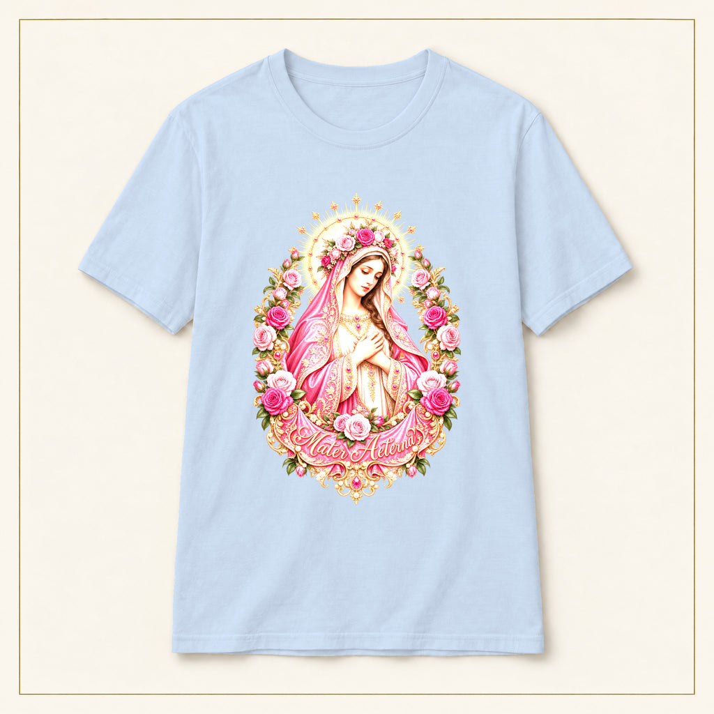 Our Lady of Guadalupe T-Shirt — Pink Floral Portrait — compact lay-flat, original print scale and placement — Light Blue