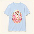 Our Lady of Guadalupe T-Shirt — Pink Floral Portrait — compact lay-flat, original print scale and placement — Light Blue