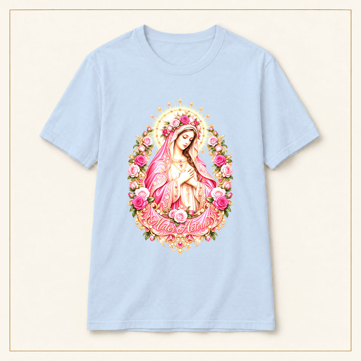 Our Lady of Guadalupe T-Shirt — Pink Floral Portrait — compact lay-flat, original print scale and placement — Light Blue