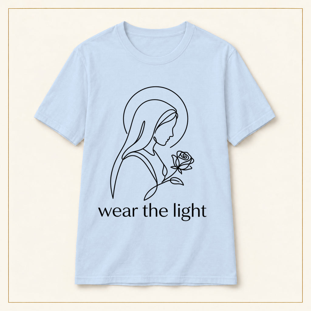 Minimal Madonna Line Art T-Shirt — Wear the Light — compact lay-flat, original print scale and placement — Light Blue