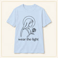Minimal Madonna Line Art T-Shirt — Wear the Light — compact lay-flat, original print scale and placement — Light Blue