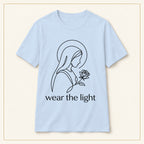 Minimal Madonna Line Art T-Shirt — Wear the Light — compact lay-flat, original print scale and placement — Light Blue