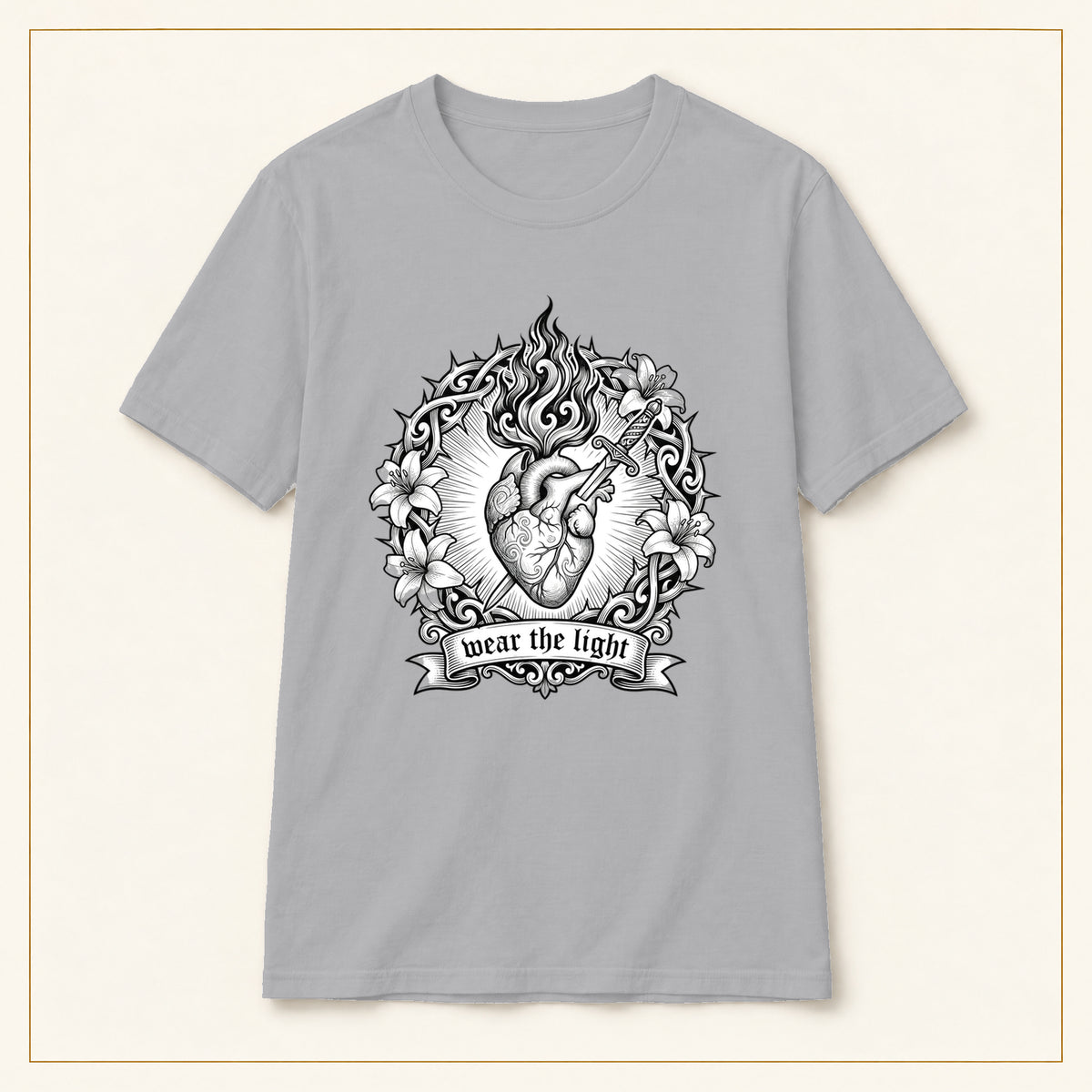 Sacred Heart T-Shirt — Monochrome Floral Flame — compact lay-flat, original print scale and placement — Sport Grey
