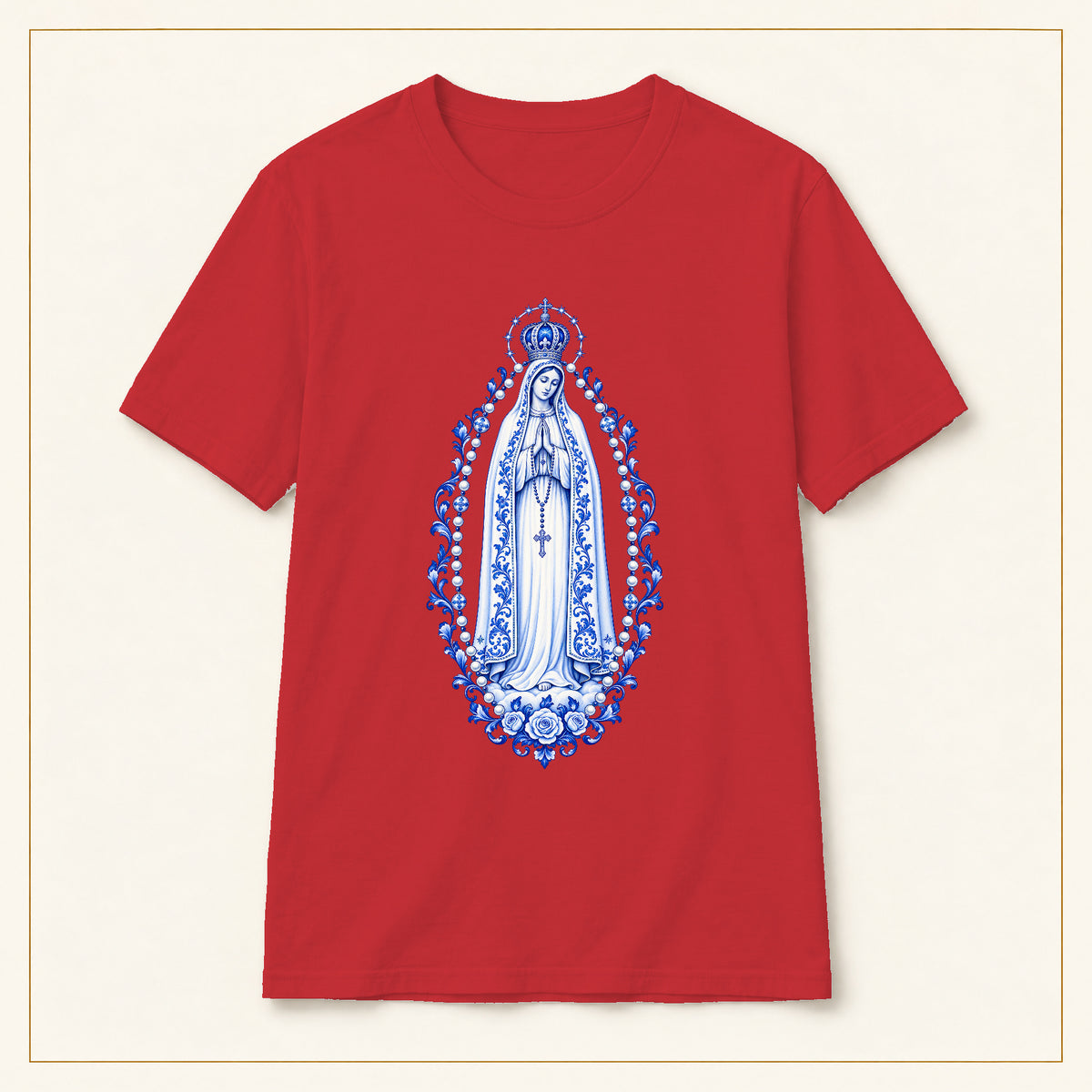 Our Lady of Fátima T-Shirt — Rosary Mandorla Azulejo — compact lay-flat, original print scale and placement — Red