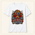 Virgen de Guadalupe "Reina y Protectora - Barrio Pride" T-Shirt — compact lay-flat, original print scale and placement — White