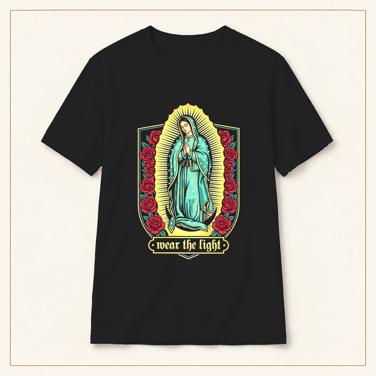 Our Lady of Guadalupe T-Shirt — Floral Devotional — compact lay-flat, original print scale and placement — Black