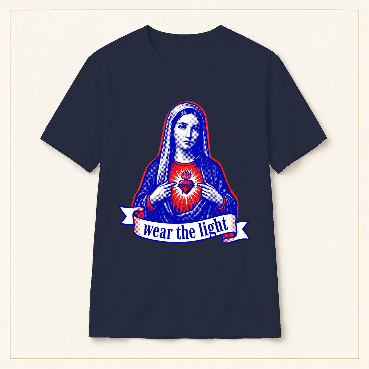 Sacred Heart Mary T-Shirt — Wear the Light — compact lay-flat, original print scale and placement — Navy