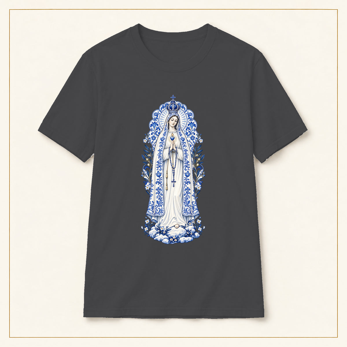 Our Lady of Fátima T-Shirt — Cova da Iria Azulejo — compact lay-flat, original print scale and placement — Dark Heather