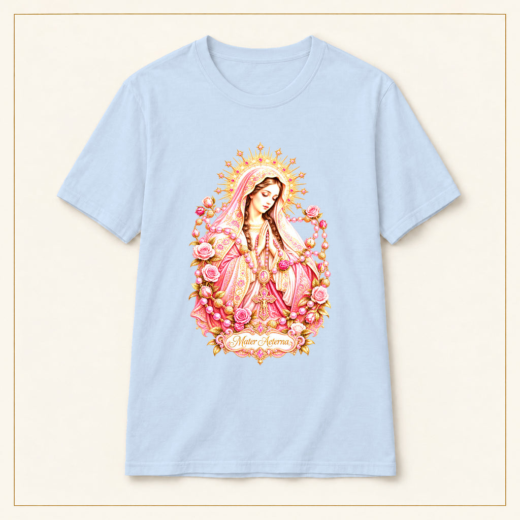 Our Lady of Guadalupe T-Shirt — Vintage Rose — compact lay-flat, original print scale and placement — Light Blue