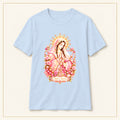 Our Lady of Guadalupe T-Shirt — Vintage Rose — compact lay-flat, original print scale and placement — Light Blue
