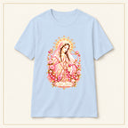 Our Lady of Guadalupe T-Shirt — Vintage Rose — compact lay-flat, original print scale and placement — Light Blue