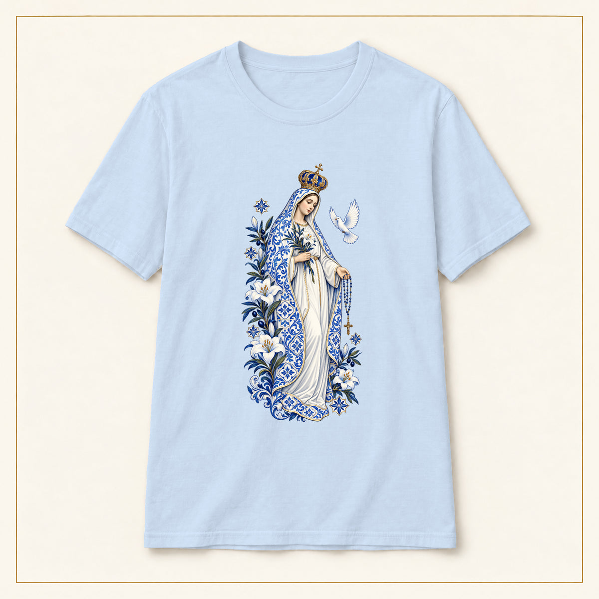 Our Lady of Fátima T-Shirt — Lily & Dove Azulejo — compact lay-flat, original print scale and placement — Light Blue