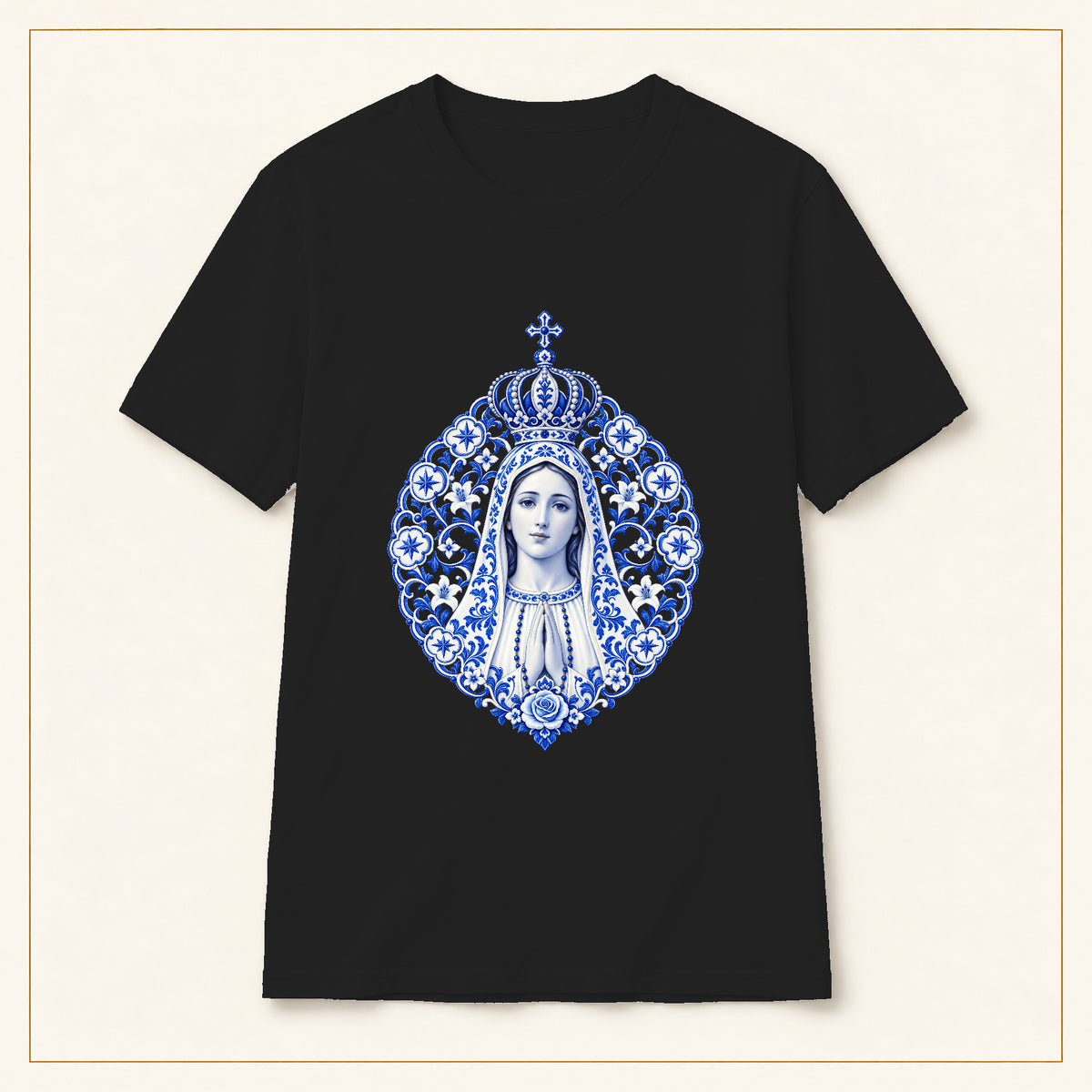 Our Lady of Fátima T-Shirt — Azulejo Mandala — compact lay-flat, original print scale and placement — Black