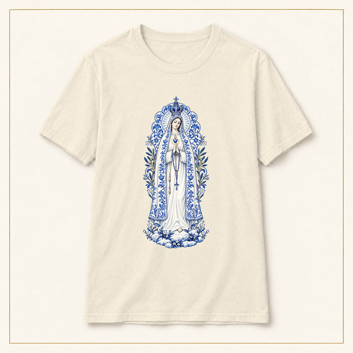 Our Lady of Fátima T-Shirt — Cova da Iria Azulejo — compact lay-flat, original print scale and placement — Natural