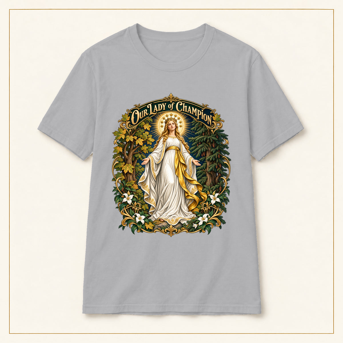 Our Lady of Champion T-Shirt — Sacred Trees — compact lay-flat, original print scale and placement — Sport Grey
