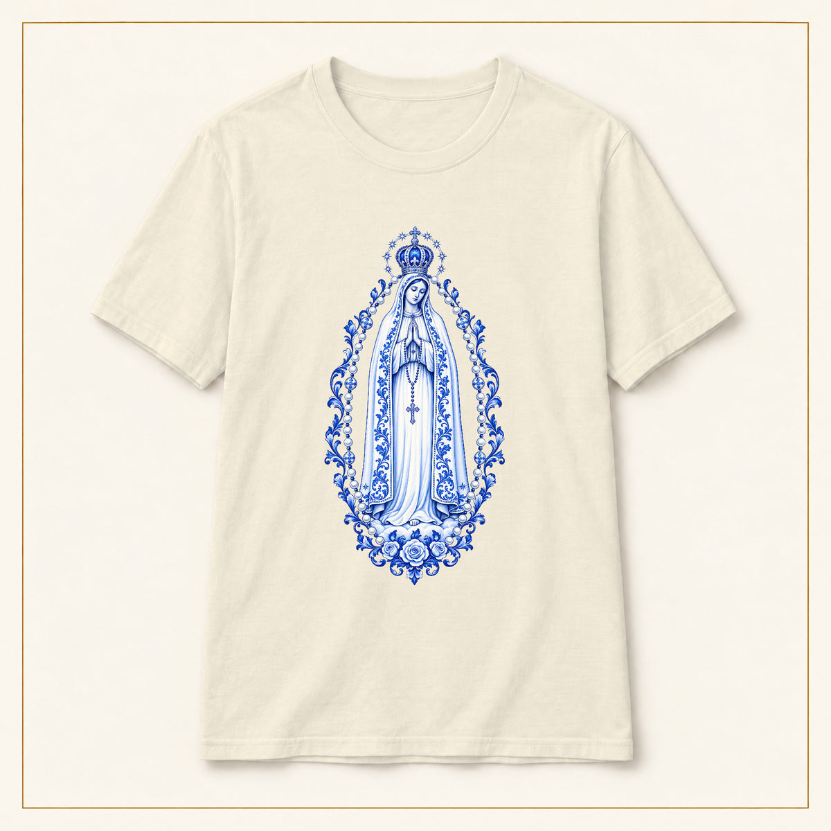 Our Lady of Fátima T-Shirt — Rosary Mandorla Azulejo — compact lay-flat, original print scale and placement — Natural