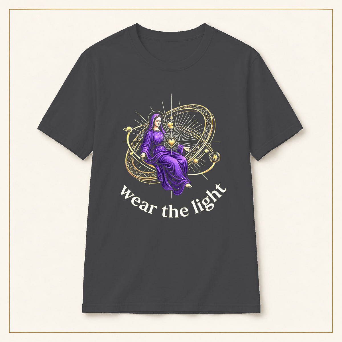 Mystic Goddess T-Shirt — Celestial Orb — compact lay-flat, original print scale and placement — Dark Heather